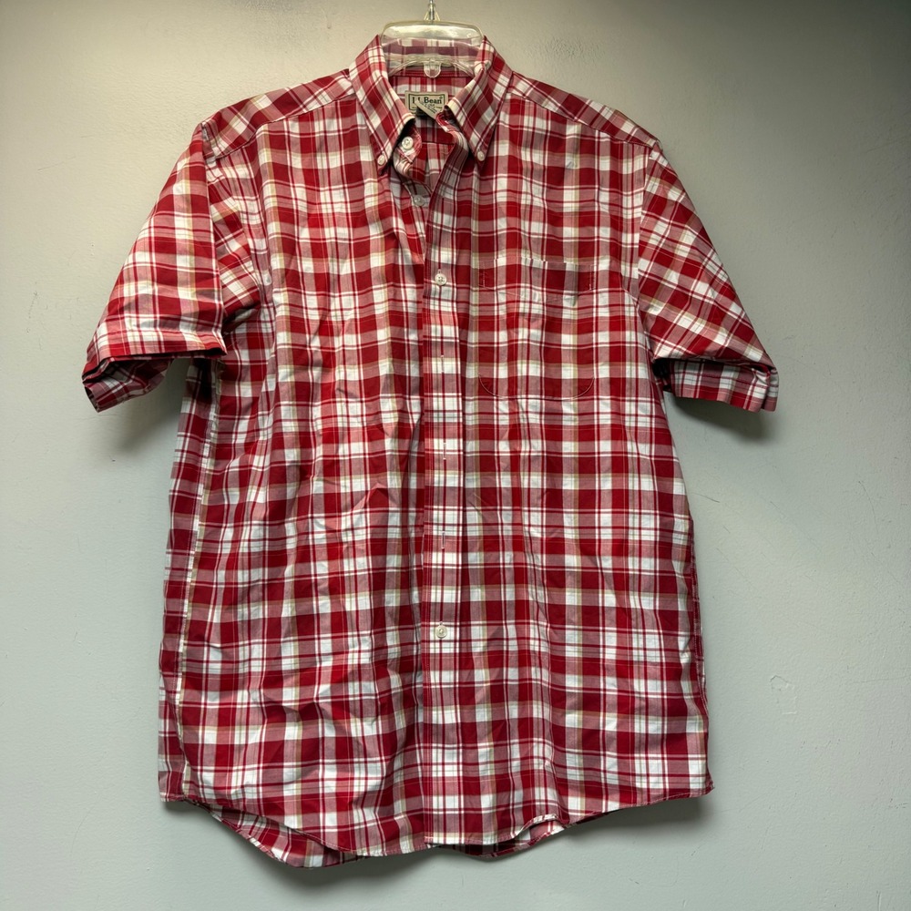 L.L. Bean Button Down Shirt Mens M Red Plaid Wrinkle‎ Stain Resistant 0AUW3